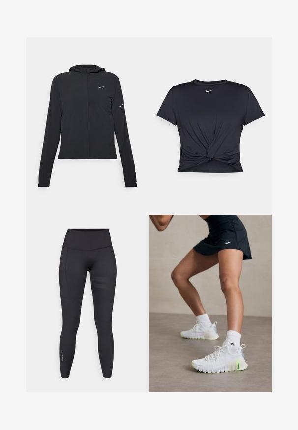 Veste à capuche noire avec des manches longues, fabriquée en matériau léger. Elle comporte une fermeture éclair à l'avant, un logo Nike et des accents de design subtils.; T-shirt de sport noir en tissu lisse, avec un design avant noué et un petit logo Nike blanc sur la poitrine.; Leggings de sport noirs en matériau extensible, avec une taille haute, une poche latérale et des rayures horizontales texturées sur une jambe.; Chaussures de sport blanches avec une surface texturée, des accents vert fluo et un logo Nike bien en vue. Portées avec des chaussettes blanches à mi-mollet.