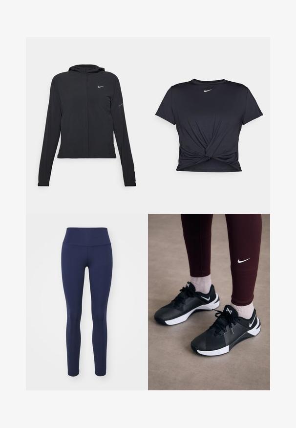 Černá kapucňová bunda s dlouhými rukávy, vyrobená z lehkého materiálu. Obsahuje přední zip, logo Nike a decentní designové akcenty.; Černé sportovní tričko vyrobené z hladkého materiálu, s uzlovým designem vpředu a malým bílým logem Nike na hrudi.; Námořnické modré legíny vyrobené z elastického materiálu, se zvýšeným pasem a hladkým, bezproblémovým designem, bez viditelných vzorů nebo kovových doplňků.; Černé sportovní boty s texturovaným svrškem a bílými akcenty, s tkaničkami a božím logem. Nosené s vínovými legínami a světlými ponožkami.