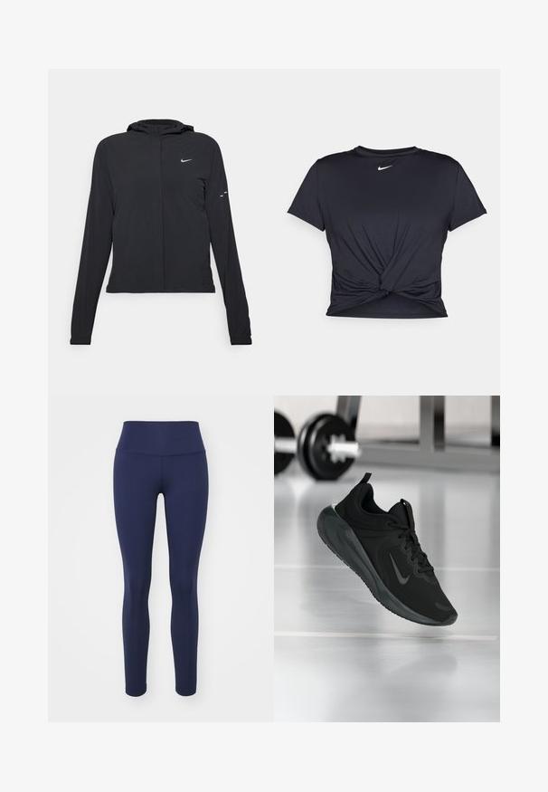 Jachetă neagră cu glugă, cu mâneci lungi, fabricată din material ușor. Dispune de un fermoar frontal, un logo Nike și accente de design subtile.; Tricou sport negru din material neted, cu un design frontal legat și un mic logo Nike alb pe piept.; Leggings de culoare albastru marin realizate dintr-un material elastic, având talie înaltă și un design neted, fără cusături vizibile sau accesorii.; Tenisii sport negru cu logo-ul Nike, arătați în aer deasupra podelei de sală de sport, cu un suport pentru haltere neclar în fundal.