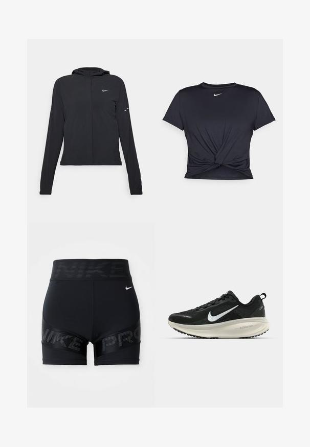 Jachetă neagră cu glugă, cu mâneci lungi, fabricată din material ușor. Dispune de un fermoar frontal, un logo Nike și accente de design subtile.; Tricou sport negru din material neted, cu un design frontal legat și un mic logo Nike alb pe piept.; Șorturi atletice negre, cu un tiv lat ce prezintă logo-ul "NIKE", textură netedă și accente reflective pe părți.; Pantofii de alergare negri de la Nike, cu parte superioară din plasă respirabilă, logo-ul alb Swoosh, detalii texturate și o talpă intermediară ZoomX de culoare crem.