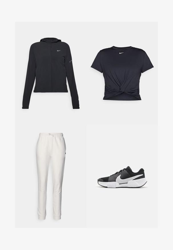 Čierna kapucňová bunda s dlhou rukávou, vyrobená z ľahkého materiálu. Má predný zips, logo Nike a jemné dizajnové akcenty.; Čierne atletické tričko vyrobené z hladkej tkaniny, so zaväzovaným predným dizajnom a malým bielym logom Nike na hrudi.; Biele teplákové nohavice s elastickým pásom a šnúrkou na zaväzovanie. Materiál je mäkký s hladkou textúrou. Obsahuje rebrované manžety a malú logovú detaily.; Čierno-biele športové topánky s textúrovaným zvrškom, výrazným logom Nike a kontrastným dizajnom podrážky pre lepšiu priľnavosť a stabilitu.