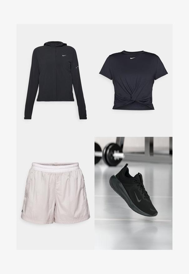 Juodas gobtuvas striukė su ilgomis rankovėmis, pagaminta iš lengvo audinio. Pasižymi priekiniais užtrauktukais, Nike logotipu ir subtiliais dizaino akcentais.; Juodas sportinis marškinėlis, pagamintas iš lygios medžiagos, su surišta priekiu ir mažu baltu Nike logotipu ant krūtinės.; Šviesiai pilki sportiniai šortai su elastinga juosta, pagaminti iš lengvos medžiagos. Yra raukšlėtos tekstūros ir mažas logotipas priekyje.; Juodas sportinis sportbačiai su Nike logotipu, pavaizduoti ore virš sporto salės grindų, fone išblurinta hantelių laikiklis.