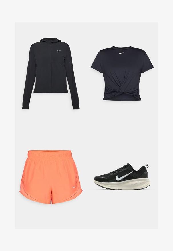 Casaco preto com capuz e mangas longas, feito de material leve. Apresenta um fecho dourado na frente, um logótipo da Nike e detalhes de design subtis.; T-shirt atlético preto feito de tecido liso, apresentando um design frontal com nó e um pequeno logótipo branco da Nike no peito.; Os calções Nike cor-de-rosa apresentam um cós elástico, aberturas laterais para mobilidade e um pequeno logótipo prateado no canto inferior direito. Tecido liso e leve.; Sapatilha de corrida Nike preta com parte superior de malha respirável, logotipo Swoosh branco, detalhes texturizados e uma entressola ZoomX na cor creme.