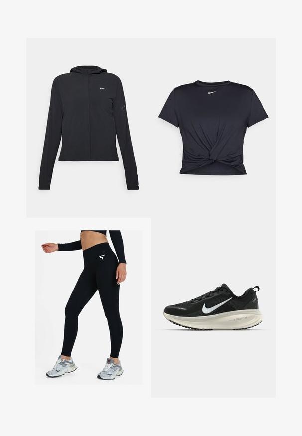 Zwarte kaptrui met lange mouwen, gemaakt van lichtgewicht materiaal. Voorzien van een ritssluiting aan de voorkant, een Nike-logo en subtiele ontwerpelementen.; Zwarte sportieve T-shirt van gladde stof, met een geknoopt ontwerp aan de voorkant en een klein wit Nike-logo op de borst.; Zwarte geribde leggings met een hoge tailleband, voorzien van een wit logo op de heup. G gedragen met grijze sport sneakers, die een gladde textuur tonen.; Zwarte Nike hardloopschoen met ademend mesh bovenwerk, witte swoosh-logo, gestructureerde details en een crèmekleurige ZoomX middenzool.