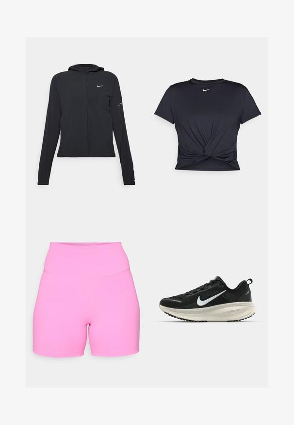 Svart hettegenser med lange ermer, laget av lett materiale. Har glidelås foran, Nike-logo og subtile design detaljer.; Svart trenings T-skjorte laget av glatt stoff, med en knyttet frontdesign og en liten hvit Nike-logo på brystet.; Rosa høyt liv shorts laget av elastisk stoff, med en jevn tekstur og kort benlengde, med flate sømmer for komfort.; Svart Nike løpesko med pustende mesh-overdel, hvit swoosh-logo, teksturert detaljer og en kremfarget ZoomX mellomsåle.
