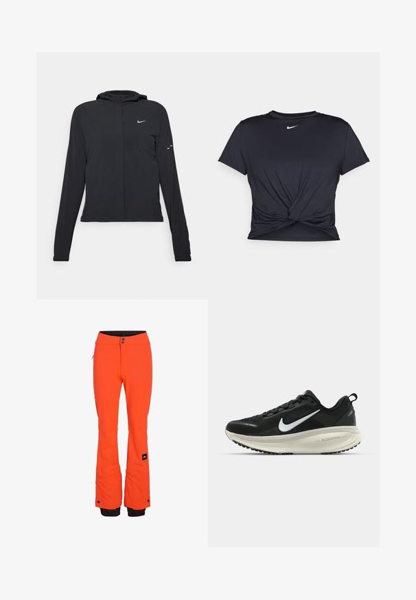 Schwarze Kapuzenjacke mit langen Ärmeln, aus leichtem Material gefertigt. Sie hat einen vorderen Reißverschluss, ein Nike-Logo und dezente Designelemente.; Schwarzes Sport-T-Shirt aus glattem Stoff, mit einem geknoteten Vorderdesign und einem kleinen weißen Nike-Logo auf der Brust.; Helle orangene Skihosen mit schlankem Schnitt, ausgestattet mit einer Reißverschlusstasche, verstärkten Säumen und verstellbaren Bundknöpfen. Schwarze Innenauskleidung.; Schwarzer Nike-Laufschuh mit atmungsaktivem Mesh-Obermaterial, weißem Swoosh-Logo, strukturierten Details und einer cremefarbenen ZoomX-Zwischensohle.