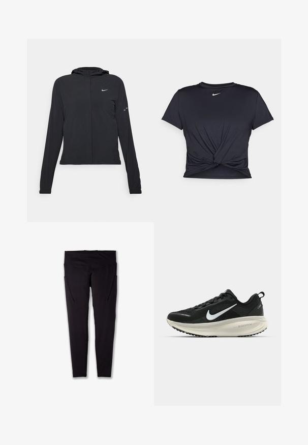 Zwarte kaptrui met lange mouwen, gemaakt van lichtgewicht materiaal. Voorzien van een ritssluiting aan de voorkant, een Nike-logo en subtiele ontwerpelementen.; Zwarte sportieve T-shirt van gladde stof, met een geknoopt ontwerp aan de voorkant en een klein wit Nike-logo op de borst.; Zwarte sportlegging met een hoge taille, gemaakt van rekbare stof, met zijzakken en platte naden voor een soepele pasvorm.; Zwarte Nike hardloopschoen met ademend mesh bovenwerk, witte swoosh-logo, gestructureerde details en een crèmekleurige ZoomX middenzool.