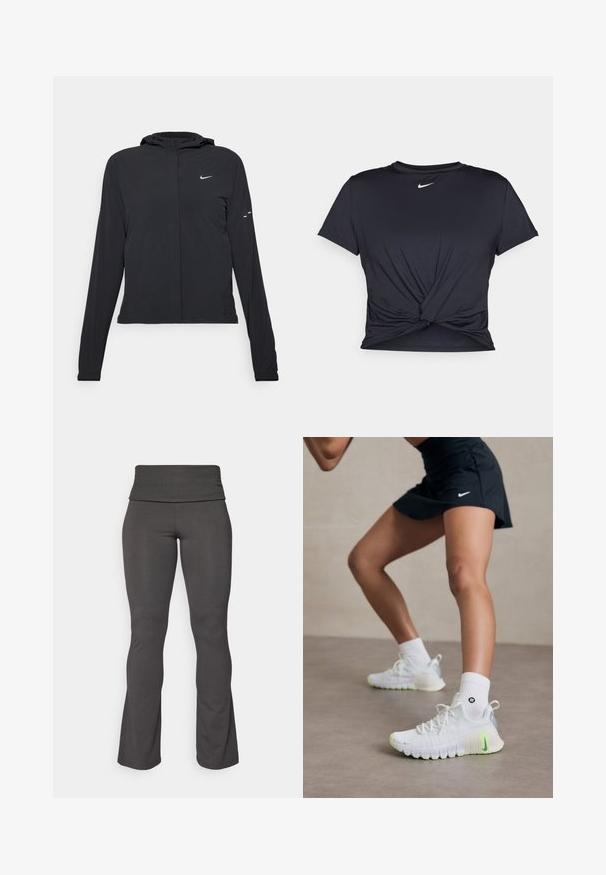 Černá kapucňová bunda s dlouhými rukávy, vyrobená z lehkého materiálu. Obsahuje přední zip, logo Nike a decentní designové akcenty.; Černé sportovní tričko vyrobené z hladkého materiálu, s uzlovým designem vpředu a malým bílým logem Nike na hrudi.; Užší, tmavě šedé, zvonové legíny na jógu se širokým, měkkým pasem. Vyrobeno z elastické, hladké látky pro pohodlí a flexibilitu.; Bílé sportovní boty s texturovaným povrchem, neonově zelenými akcenty a výrazným logem Nike. Nosené s bílými kotníkovými ponožkami.