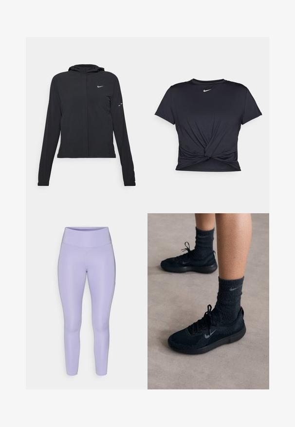 Schwarze Kapuzenjacke mit langen Ärmeln, aus leichtem Material gefertigt. Sie hat einen vorderen Reißverschluss, ein Nike-Logo und dezente Designelemente.; Schwarzes Sport-T-Shirt aus glattem Stoff, mit einem geknoteten Vorderdesign und einem kleinen weißen Nike-Logo auf der Brust.; Lila Leggings aus einem dehnbaren, glatten Stoff mit einem hohen Bund und einer figurbetonten Passform, ausgestattet mit flachen Nähten und ohne sichtbare Muster.; Schwarze Nike-Sneaker mit einem strukturierten Strickobermaterial, ausgestattet mit einem grauen Swoosh-Logo, kombiniert mit dunklen gerippten Socken. Flache Gummisohle.