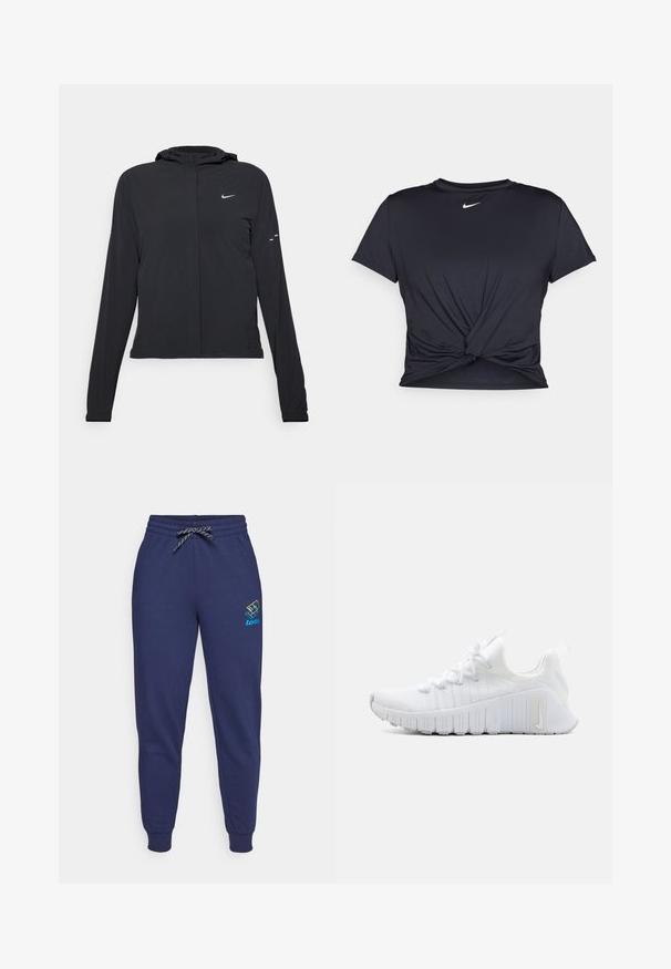 Zwarte kaptrui met lange mouwen, gemaakt van lichtgewicht materiaal. Voorzien van een ritssluiting aan de voorkant, een Nike-logo en subtiele ontwerpelementen.; Zwarte sportieve T-shirt van gladde stof, met een geknoopt ontwerp aan de voorkant en een klein wit Nike-logo op de borst.; Navy blauwe sweatpants met een verstelbare tailleband en enkelmanchetten. Kenmerkt zich door een Lotto-logo in levendige kleuren op het linkerdij. Gemaakt van zachte stof.; Witte sportschoen met een gestructureerde bovenkant, platte vetersluiting en een opvallende rubberen zool met verticale groeven. Bevat een logo aan de zijkant.