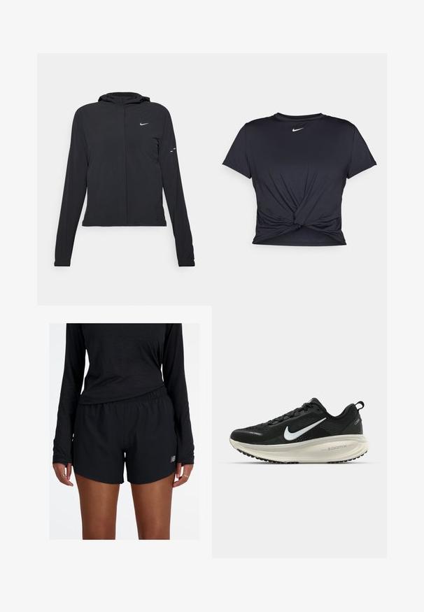 Melnā kapuci jaka ar garām piedurknēm, izgatavota no viegla materiāla. Tam ir priekšējais rāvējslēdzis, Nike logo un smalki dizaina akcenti.; Melna sporta t-kreklu ar gludu audumu, ar mezglošanas priekšpusi un mazu baltu Nike logotipu uz krūšu daļas.; Melni sporta šorti ar elastīgu jostu un atstarojošu logo. Audums izskatās viegls un gluds, ar brīvu piegriezumu.; Melnas Nike skriešanas kurpes ar elpojošu acs augšdaļu, baltu Swoosh logotipu, strukturētu apdari un krēmkrāsas ZoomX starpsole.
