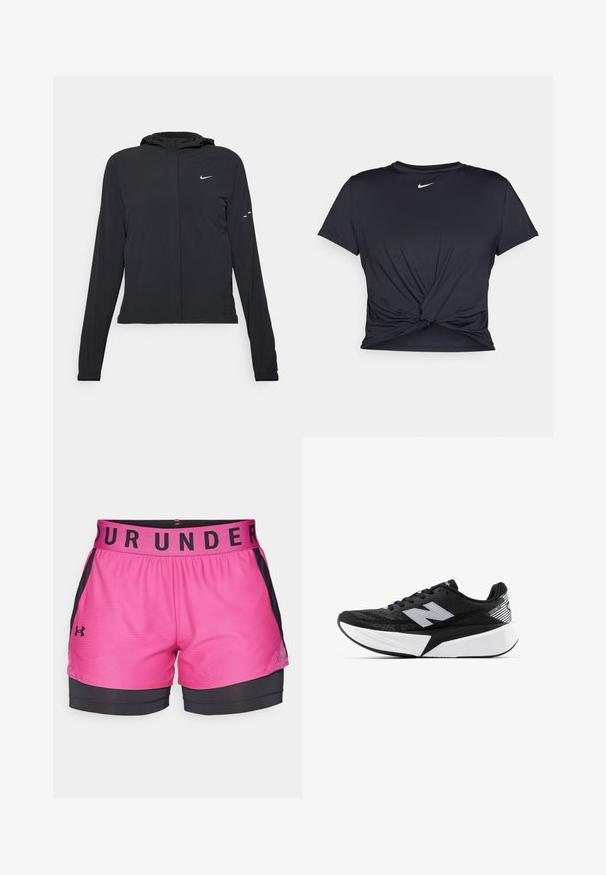 Juodas gobtuvas striukė su ilgomis rankovėmis, pagaminta iš lengvo audinio. Pasižymi priekiniais užtrauktukais, Nike logotipu ir subtiliais dizaino akcentais.; Juodas sportinis marškinėlis, pagamintas iš lygios medžiagos, su surišta priekiu ir mažu baltu Nike logotipu ant krūtinės.; Under Armour PLAY UP SHORTS - Sportiniai šortai - astro pink/black; Juodai balta New Balance bėgimo batai su storesne pado dalimi, tinklinė viršutinė dalis ir "N" logotipas šone, matoma iš išorinės pusės.