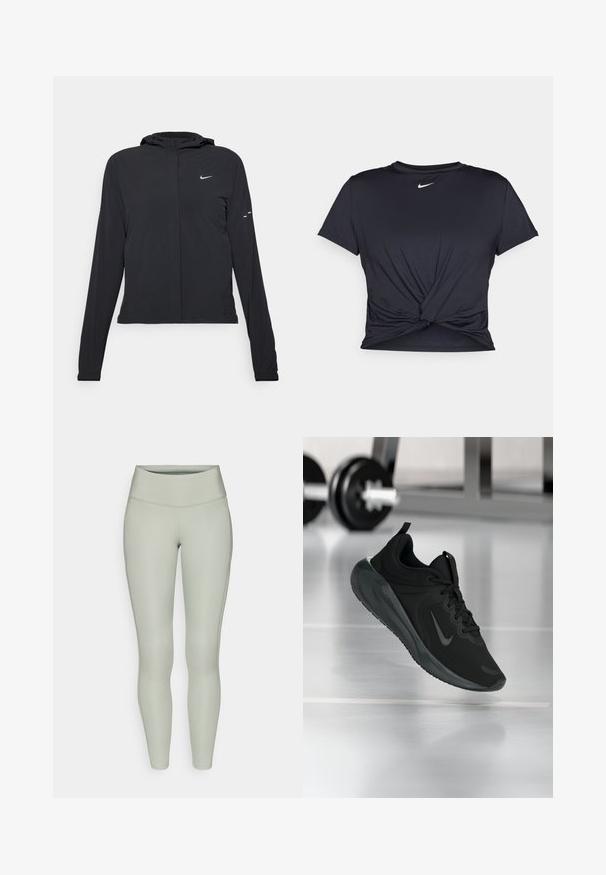 Črna kapuča s dolgimi rokavi, izdelana iz lahkega materiala. Ima sprednji zadrgo, logotip Nike in subtilne oblikovne detajle.; Črna atletska majica iz gladkega materiala, z vozlanim sprednjim delom in majhnim belim logotipom Nike na prsih.; Svetlozeleni legingi z visokim pasom, gladko teksturo in prilegnjenim dizajnom z diskretnimi stranskimi šivi.; Črne športne teniske z logotipom Nike, prikazane v zraku na telovadni talni površini, v ozadju pa zamegljena vrsta uteži.