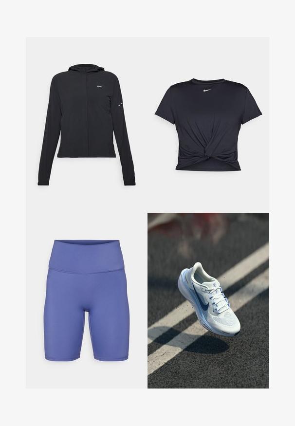 Melnā kapuci jaka ar garām piedurknēm, izgatavota no viegla materiāla. Tam ir priekšējais rāvējslēdzis, Nike logo un smalki dizaina akcenti.; Melna sporta t-kreklu ar gludu audumu, ar mezglošanas priekšpusi un mazu baltu Nike logotipu uz krūšu daļas.; Augsta jostasvieta velosipēda šorti no vienkrāsaina lavandas auduma. Gluda tekstūra ar šuvju detaļām un pieguļošs dizains komfortam un mobilitātei.; Balts sporta apavi ar elpojošu sietu augšdaļu un zilu akcentu. Iezīmēts ar mīkstu zoli un plakaniem šņorēm. Viduszolei ir "Air Zoom" zīmols.