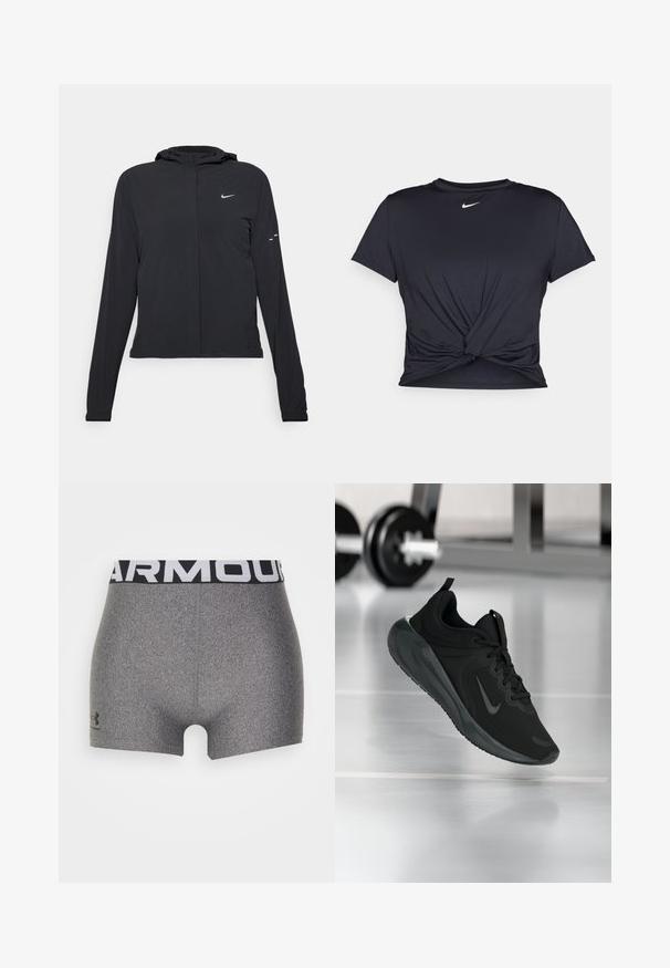 Fekete kapucnis dzseki hosszú ujjakkal, könnyű anyagból készült. Elülső cipzárral, Nike logóval és diszkrét dizájn elemekkel rendelkezik.; Fekete sportpóló sima anyagból, elöl megkötős dizájnnal, a mellkason egy kis fehér Nike logóval.; Szürke sportnadrág, testhez simuló fazonnal, texturált anyagból készült. Széles fekete derékgumival rendelkezik, amelyen fehér színnel a "ARMOUR" felirat olvasható.; Fekete sportcipő Nike logóval, amely a levegőben látható az edzőterem padlóján, a háttérben elmosódott kézi súlyzó állvánnyal.