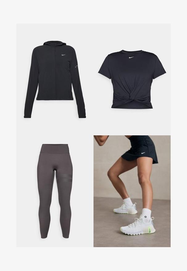 Zwarte kaptrui met lange mouwen, gemaakt van lichtgewicht materiaal. Voorzien van een ritssluiting aan de voorkant, een Nike-logo en subtiele ontwerpelementen.; Zwarte sportieve T-shirt van gladde stof, met een geknoopt ontwerp aan de voorkant en een klein wit Nike-logo op de borst.; Hoge, aansluitende legging in donkergrijze stof. Kenmerkt een textuurstripaccent aan de linkerdij. Smooth, rekbare materialen.; Witte sportieve schoenen met een gestructureerd oppervlak, neon-groene accenten en een prominent Nike-logo. Draag met witte enkelkousen.