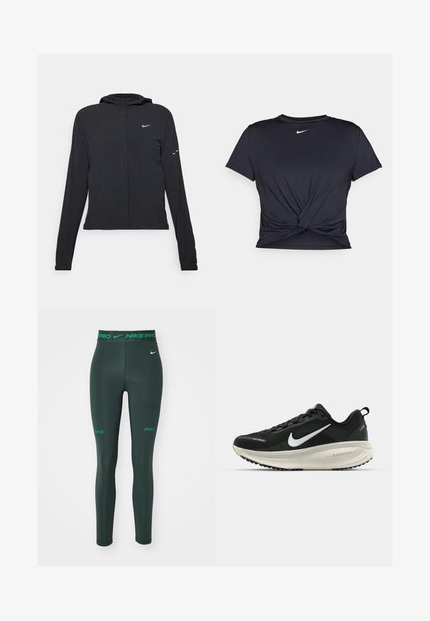 Casaco preto com capuz e mangas longas, feito de material leve. Apresenta um fecho dourado na frente, um logótipo da Nike e detalhes de design subtis.; T-shirt atlético preto feito de tecido liso, apresentando um design frontal com nó e um pequeno logótipo branco da Nike no peito.; Leggings Nike Pro em verde escuro. Apresentam uma cintura larga verde com a marca "NIKE PRO". Material suave e elástico com design ajustado.; Sapatilha de corrida Nike preta com parte superior de malha respirável, logotipo Swoosh branco, detalhes texturizados e uma entressola ZoomX na cor creme.