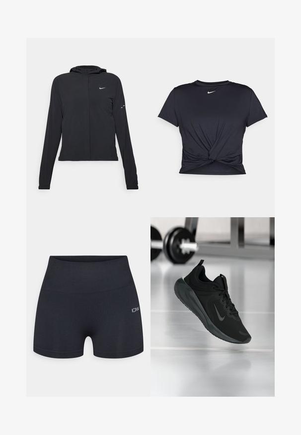 Black hooded jacket with long sleeves, made from lightweight material. Features a front zipper, a Nike logo, and subtle design accents.; Black athletic t-shirt made of smooth fabric, featuring a knotted front design and a small white Nike logo on the chest.; Black fitted shorts made of stretchy material, featuring a wide waistband and subtle logo detail on the side. Smooth surface texture.; Black sports sneaker with Nike logo, shown mid-air on gym floor, with blurred dumbbell rack in background.