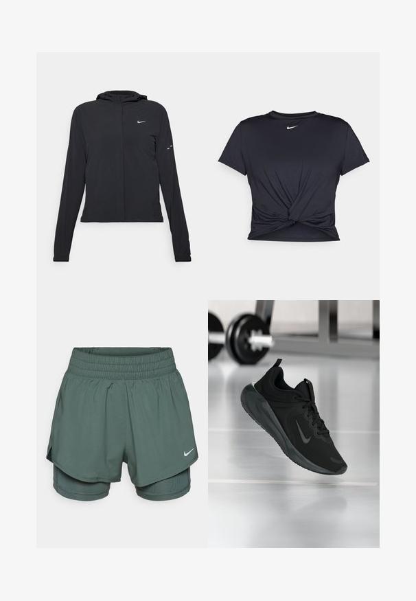 Juodas gobtuvas striukė su ilgomis rankovėmis, pagaminta iš lengvo audinio. Pasižymi priekiniais užtrauktukais, Nike logotipu ir subtiliais dizaino akcentais.; Juodas sportinis marškinėlis, pagamintas iš lygios medžiagos, su surišta priekiu ir mažu baltu Nike logotipu ant krūtinės.; Žalios sportinės šortai su plačiu elastingu juosmeniu, sluoksniuota konstrukcija ir vidinėmis kompresinėmis šortais. Yra mažas baltas Nike logotipas.; Juodas sportinis sportbačiai su Nike logotipu, pavaizduoti ore virš sporto salės grindų, fone išblurinta hantelių laikiklis.