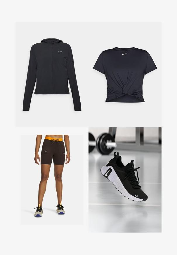 Black hooded jacket with long sleeves, made from lightweight material. Features a front zipper, a Nike logo, and subtle design accents.; Black athletic t-shirt made of smooth fabric, featuring a knotted front design and a small white Nike logo on the chest.; Brown athletic shorts with an orange elastic waistband and drawstring, featuring two side pockets and logo accents on the front.; Black athletic shoe with a textured fabric upper, white sole, and prominent lacing system. Features a Nike logo and soft, cushioned design.