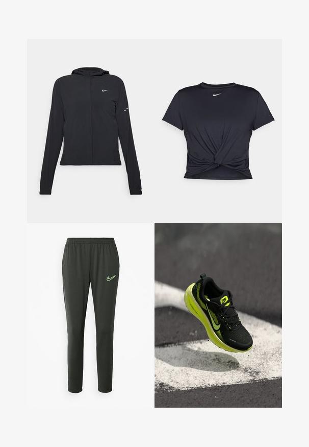 Černá kapucňová bunda s dlouhými rukávy, vyrobená z lehkého materiálu. Obsahuje přední zip, logo Nike a decentní designové akcenty.; Černé sportovní tričko vyrobené z hladkého materiálu, s uzlovým designem vpředu a malým bílým logem Nike na hrudi.; Nike tepláky v tmavě šedé barvě, s elastickým pasem, zužujícími se nohavicemi a neonově zeleným logem na levém stehně.; Černá běžecká bota se žlutými akcenty, síťovaným svrškem, texturovaným vzorem a výrazným logem značky. Lehce pěnová podrážka pro odpružení.