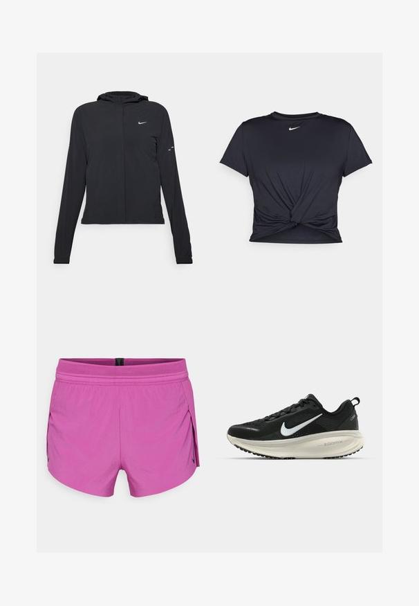 Chaqueta negra con capucha y mangas largas, hecha de un material ligero. Presenta un cierre frontal, un logo de Nike y acentos de diseño sutiles.; Camiseta atlética negra hecha de tela suave, con un diseño de nudo en la parte delantera y un pequeño logo blanco de Nike en el pecho.; Bermudas atléticas cortas rosas con una cinturilla de malla texturizada, diseñadas para el movimiento, con aberturas laterales y un logotipo de acento negro en un lado.; Zapatilla de running Nike negra con parte superior de malla transpirable, logo Swoosh blanco, detalles texturizados y una entresuela ZoomX de color crema.