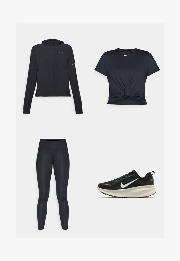 Schwarze Kapuzenjacke mit langen Ärmeln, aus leichtem Material gefertigt. Sie hat einen vorderen Reißverschluss, ein Nike-Logo und dezente Designelemente.; Schwarzes Sport-T-Shirt aus glattem Stoff, mit einem geknoteten Vorderdesign und einem kleinen weißen Nike-Logo auf der Brust.; Schwarze Leggings aus glattem, dehnbarem Stoff. Hoher Bund ohne sichtbare Muster oder Akzente. Enganliegend von der Taille bis zu den Knöcheln.; Schwarzer Nike-Laufschuh mit atmungsaktivem Mesh-Obermaterial, weißem Swoosh-Logo, strukturierten Details und einer cremefarbenen ZoomX-Zwischensohle.