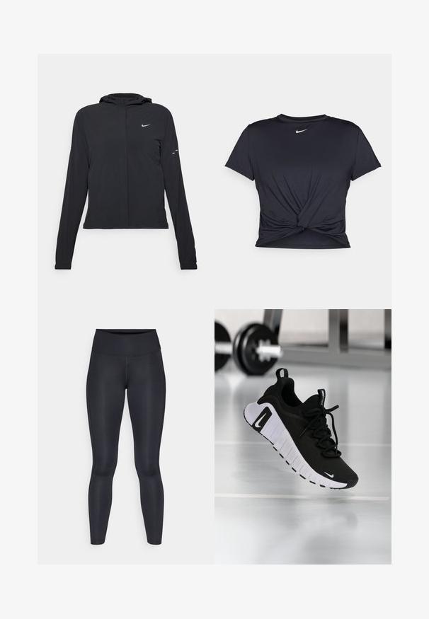 Zwarte kaptrui met lange mouwen, gemaakt van lichtgewicht materiaal. Voorzien van een ritssluiting aan de voorkant, een Nike-logo en subtiele ontwerpelementen.; Zwarte sportieve T-shirt van gladde stof, met een geknoopt ontwerp aan de voorkant en een klein wit Nike-logo op de borst.; Zwarte leggings van glad, rekbaar stof. Hoge taille zonder zichtbare patronen of accenten. Sluiten nauw aan van taille tot enkels.; Zwarte sportschoen met een textuurstof bovenwerk, witte zool en een opvallend vetersysteem. Voorzien van een Nike-logo en een zacht, gedempt ontwerp.