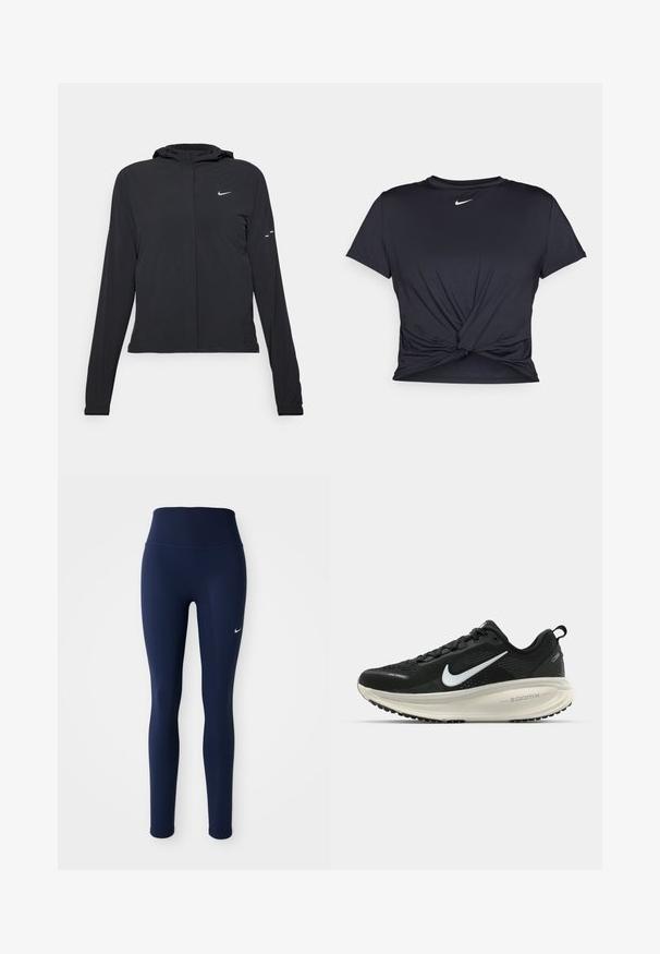 Giacca nera con cappuccio e maniche lunghe, realizzata in materiale leggero. Presenta una zip frontale, il logo Nike e accenti di design sottili.; Maglietta atletica nera realizzata in tessuto liscio, con un design anteriore annodato e un piccolo logo Nike bianco sul petto.; Leggings blu navy realizzati in materiale elasticizzato, con vita alta e piccolo logo Nike bianco sulla coscia sinistra.; Scarpa da corsa nera Nike con tomaia in rete traspirante, logo Swoosh bianco, dettagli testurizzati e intersuola ZoomX di colore crema.