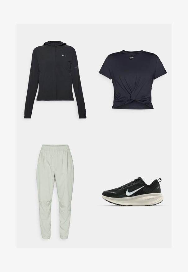 Sort hættetrøje med lange ærmer, lavet af letvægtsmateriale. Har en frontlynlås, et Nike-logo og subtile designaccenter.; Sort atletisk t-shirt lavet af glat stof, med et knyttet frontdesign og et lille hvidt Nike-logo på brystet.; Nike Performance DRI-FIT FAST - Træningsbukser - jade horizon; Sort Nike løbesko med åndbart mesh-overdel, hvidt swoosh-logo, tekstureret detaljering og en cremede ZoomX mellemsål.