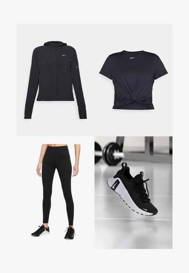 Giacca nera con cappuccio e maniche lunghe, realizzata in materiale leggero. Presenta una zip frontale, il logo Nike e accenti di design sottili.; Maglietta atletica nera realizzata in tessuto liscio, con un design anteriore annodato e un piccolo logo Nike bianco sul petto.; Leggings sportivi neri con vita alta, realizzati in materiale elasticizzato. Presentano tasche laterali e un discreto logo Nike sulla vita.; Scarpa sportiva nera con tomaia in tessuto testurizzato, suola bianca e sistema di allacciatura prominente. Presenta un logo Nike e un design morbido e imbottito.