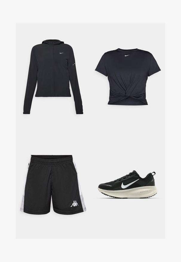 Casaco preto com capuz e mangas longas, feito de material leve. Apresenta um fecho dourado na frente, um logótipo da Nike e detalhes de design subtis.; T-shirt atlético preto feito de tecido liso, apresentando um design frontal com nó e um pequeno logótipo branco da Nike no peito.; Calções de desporto pretos com painéis laterais brancos, cintura elástica e um logótipo branco com duas figuras sentadas na parte inferior esquerda da perna.; Sapatilha de corrida Nike preta com parte superior de malha respirável, logotipo Swoosh branco, detalhes texturizados e uma entressola ZoomX na cor creme.