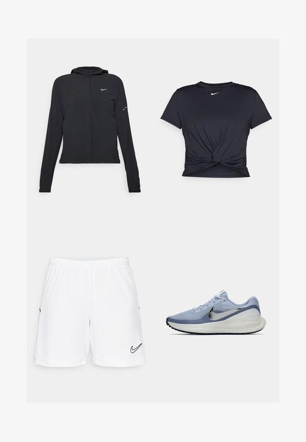 Chaqueta negra con capucha y mangas largas, hecha de un material ligero. Presenta un cierre frontal, un logo de Nike y acentos de diseño sutiles.; Camiseta atlética negra hecha de tela suave, con un diseño de nudo en la parte delantera y un pequeño logo blanco de Nike en el pecho.; Pantalones cortos deportivos blancos con cintura elástica, que presentan un logo negro de Nike en la parte inferior izquierda y un sutil detalle texturizado.; Zapatilla de correr Nike en azul claro y blanco con swoosh plateado, parte superior de malla transpirable, suela acolchada y suela exterior negra.