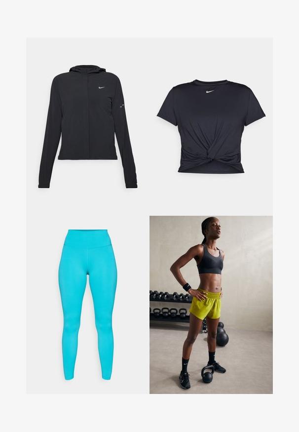 Casaco preto com capuz e mangas longas, feito de material leve. Apresenta um fecho dourado na frente, um logótipo da Nike e detalhes de design subtis.; T-shirt atlético preto feito de tecido liso, apresentando um design frontal com nó e um pequeno logótipo branco da Nike no peito.; Leggings azul claro feitos de um tecido elástico, com uma cintura alta, textura suave e um design ajustado.; Sutiã desportivo preto, calções amarelos brilhantes com cintura elástica, sapatos de atletismo pretos e pulseiras, de pé ao lado de kettlebells.