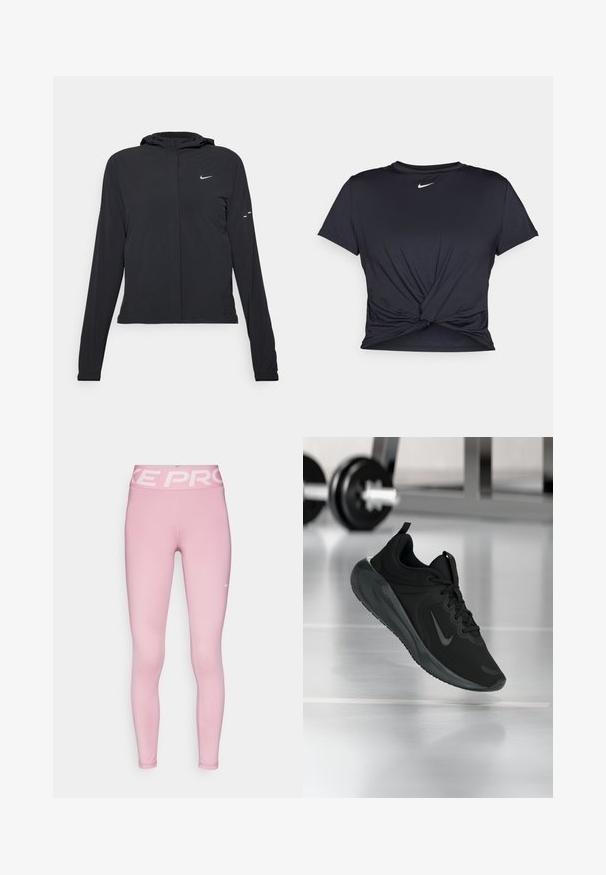 Jachetă neagră cu glugă, cu mâneci lungi, fabricată din material ușor. Dispune de un fermoar frontal, un logo Nike și accente de design subtile.; Tricou sport negru din material neted, cu un design frontal legat și un mic logo Nike alb pe piept.; Leggings atletice roz cu un talie lată de un roz deschis, având inscripția "NIKE PRO". Fabricate dintr-un material elastic, cu un design ajustat și o textură netedă.; Tenisii sport negru cu logo-ul Nike, arătați în aer deasupra podelei de sală de sport, cu un suport pentru haltere neclar în fundal.