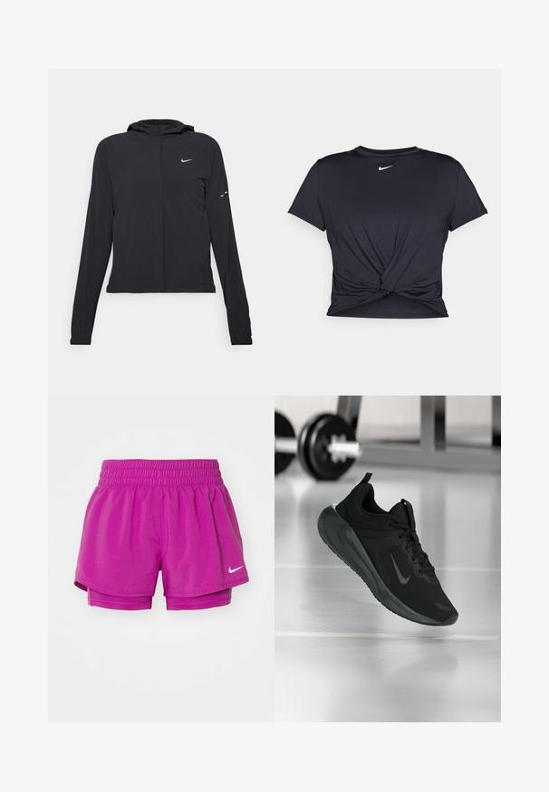 Must musta kapuutsiga jakk, millel on pikad varrukad ja mis on valmistatud kergetest materjalidest. Omab esitaskut, Nike logo ja kergelt silmatorkavaid disainiaktsente.; Mustmust musta sportlik T-särk, mis on valmistatud sujuvast kangast, millel on sõlmega esikülg ja väike valge Nike logo rinnal.; Nike spordilühikesed püksid erkroosas, elastse vöökohtadega, kihilise disainiga, millel on sisseõmmeldud püksikud ja väike valge logo aktsent.; Mustad mustang spordijalatsid Nike logo'ga, õhus spordisaali põrandal, häguste hantlite riiulitega taustal.