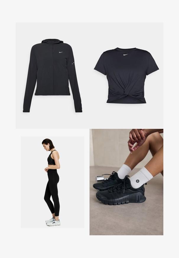 Black hooded jacket with long sleeves, made from lightweight material. Features a front zipper, a Nike logo, and subtle design accents.; Black athletic t-shirt made of smooth fabric, featuring a knotted front design and a small white Nike logo on the chest.; Black athletic sports bra and leggings with a high waist. Features smooth texture and a fitted design. Paired with white and gray sneakers.; Black athletic shoes with textured fabric, laced design, and a prominent sole, paired with white ribbed socks featuring a small logo.