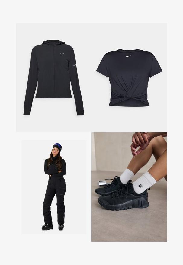 Svart huva jacka med långa ärmar, gjord av lätt material. Har en framdragare, en Nike-logotyp och subtila designelement.; Svart atletisk t-shirt i mjukt tyg, med en knuten framdesign och en liten vit Nike-logga på bröstet.; Svarta skidoveraller med justerbara remmar, flera fickor och en smidig, vattenavvisande design. Har en åtsittande passform och slitstyg.; Svarta sportskor med texturerat tyg, snörning och en framträdande sula, tillsammans med vita ribbade strumpor med en liten logotyp.