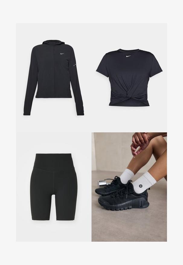 Zwarte kaptrui met lange mouwen, gemaakt van lichtgewicht materiaal. Voorzien van een ritssluiting aan de voorkant, een Nike-logo en subtiele ontwerpelementen.; Zwarte sportieve T-shirt van gladde stof, met een geknoopt ontwerp aan de voorkant en een klein wit Nike-logo op de borst.; Zwarte high-waisted fietsshorts van rekbaar materiaal. Voorzien van platte naden en een aansluitend ontwerp voor comfort en bewegingsvrijheid.; Zwarte sport schoenen van een gestructureerde stof, met vetersluiting en een opvallende zool, gecombineerd met witte geribbelde sokken met een klein logo.