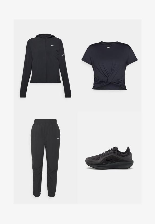 Sort hættetrøje med lange ærmer, lavet af letvægtsmateriale. Har en frontlynlås, et Nike-logo og subtile designaccenter.; Sort atletisk t-shirt lavet af glat stof, med et knyttet frontdesign og et lille hvidt Nike-logo på brystet.; Sort, lette joggebukser med elastisk talje og manchetter. Har et lille hvidt Nike-logo nær venstre hofte. Glat tekstur.; Sort sportssko med quiltet overdækning, teksturerede detaljer og en polstret sål. Har et fremtrædende Nike-logo og en holdbar ydersål.