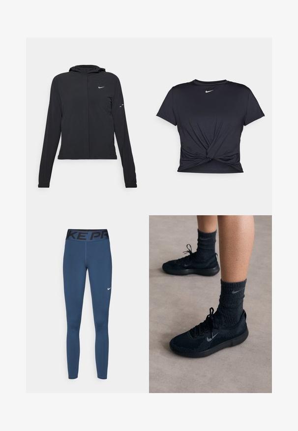 Svart huva jacka med långa ärmar, gjord av lätt material. Har en framdragare, en Nike-logotyp och subtila designelement.; Svart atletisk t-shirt i mjukt tyg, med en knuten framdesign och en liten vit Nike-logga på bröstet.; Marinblå leggings i stretchigt material, med en svart midja som har "NIKE PRO"-logotyp och en liten vit Nike-logga på benet.; Svarta Nike-sneakers med övre i strukturerad stickning, med en grå swoosh-logotyp, parat med mörka ribbade strumpor. Platt gummisula.