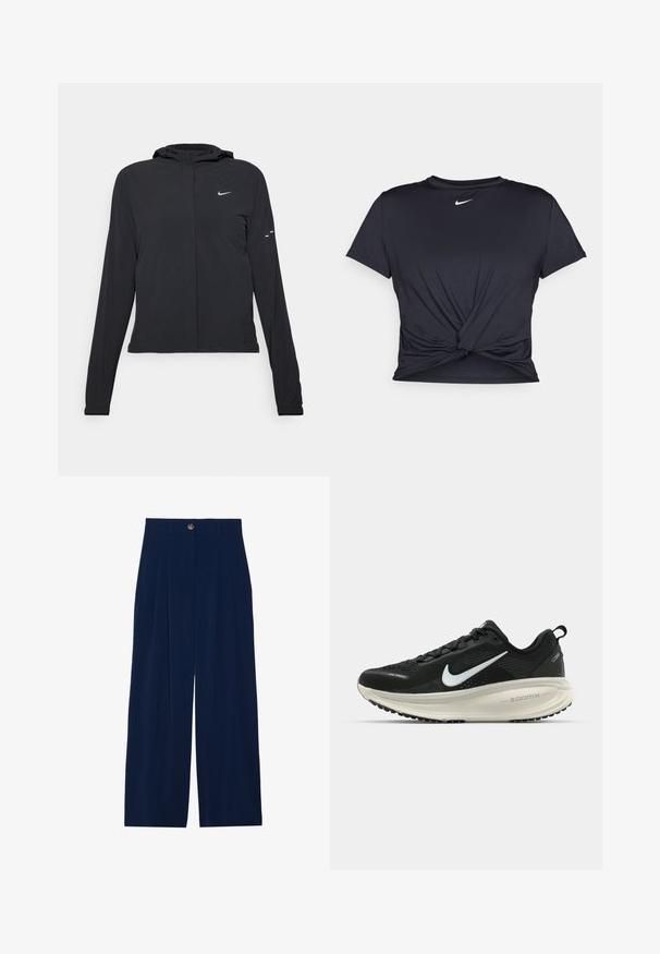 Veste à capuche noire avec des manches longues, fabriquée en matériau léger. Elle comporte une fermeture éclair à l'avant, un logo Nike et des accents de design subtils.; T-shirt de sport noir en tissu lisse, avec un design avant noué et un petit logo Nike blanc sur la poitrine.; Pantalons larges bleu marine en matériau doux, avec des plis avant, une fermeture à bouton et deux poches latérales.; Baskets de course noir Nike avec tige respirante en mesh, logo swoosh blanc, détails texturés et semelle intermédiaire ZoomX de couleur crème.