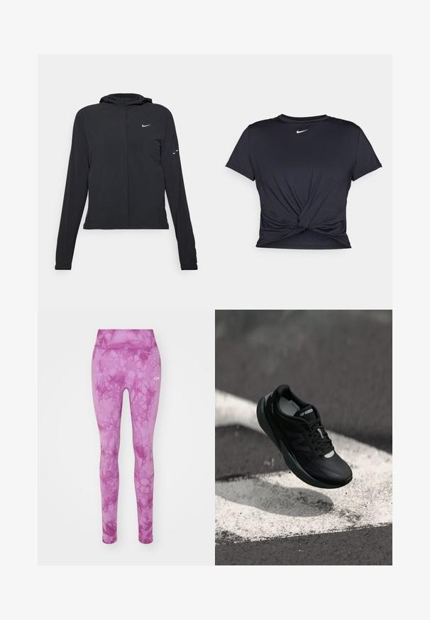 Svart huva jacka med långa ärmar, gjord av lätt material. Har en framdragare, en Nike-logotyp och subtila designelement.; Svart atletisk t-shirt i mjukt tyg, med en knuten framdesign och en liten vit Nike-logga på bröstet.; Rosa leggings med ett marmorerat mönster, med en elastisk midja och en slät textur. Logotypen för märket visas i vitt på sidan.; Svart löparsko med en texturerad ovandel, slankt design och reflekterande detaljer. Har en mjuk, dämpad sula för komfort.