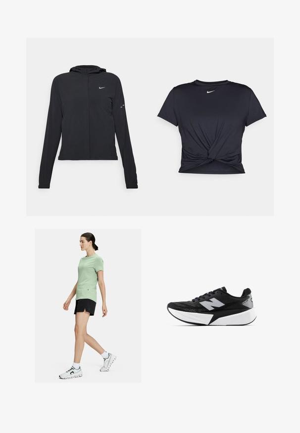 Černá kapucňová bunda s dlouhými rukávy, vyrobená z lehkého materiálu. Obsahuje přední zip, logo Nike a decentní designové akcenty.; Černé sportovní tričko vyrobené z hladkého materiálu, s uzlovým designem vpředu a malým bílým logem Nike na hrudi.; On ESSENTIAL - Sportovní kraťasy - black; Černobílá běžecká bota New Balance s tlustou podrážkou, síťovaným svrškem a logem "N" na boku, sledována z vnější strany.