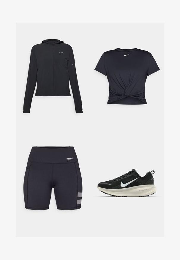 Casaco preto com capuz e mangas longas, feito de material leve. Apresenta um fecho dourado na frente, um logótipo da Nike e detalhes de design subtis.; T-shirt atlético preto feito de tecido liso, apresentando um design frontal com nó e um pequeno logótipo branco da Nike no peito.; Calções atléticos pretos feitos de tecido elástico. Apresentam costuras lisas, uma cintura alta e detalhes em malha perto da bainha. Logótipo da marca exibido.; Sapatilha de corrida Nike preta com parte superior de malha respirável, logotipo Swoosh branco, detalhes texturizados e uma entressola ZoomX na cor creme.