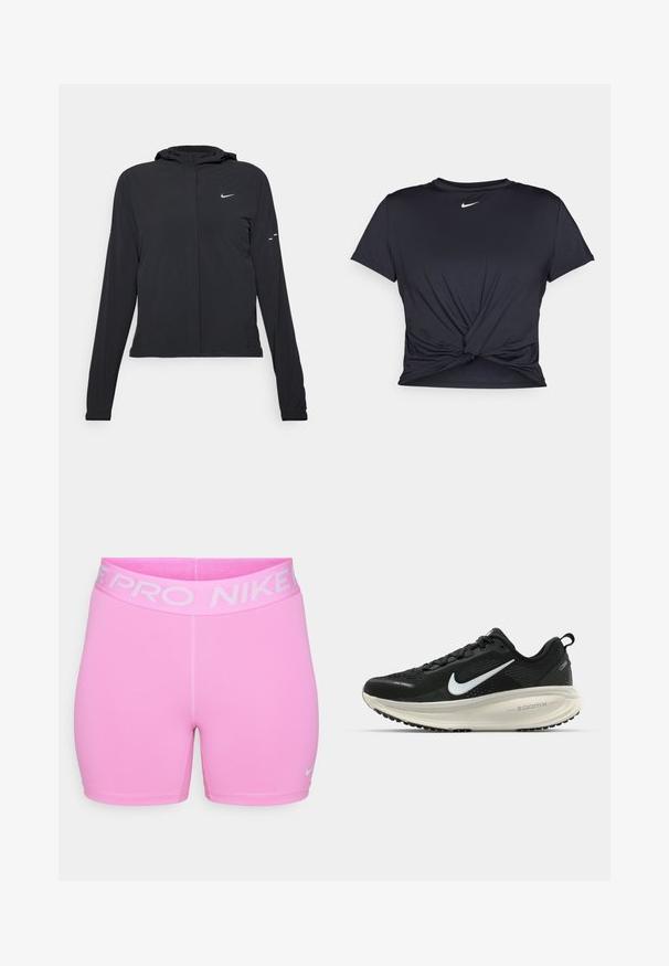 Črna kapuča s dolgimi rokavi, izdelana iz lahkega materiala. Ima sprednji zadrgo, logotip Nike in subtilne oblikovne detajle.; Črna atletska majica iz gladkega materiala, z vozlanim sprednjim delom in majhnim belim logotipom Nike na prsih.; Nike Pro kratke hlače v svetlo roza barvi, narejene iz gladkega sintetičnega materiala. Imajo širok pas z logotipom in ozek kroj, s kontrastnimi šivi.; Črne Nike tekaške čevlje z zračno mrežno zgornjim delom, belim logotipom Swoosh, teksturiranimi detajli in smetanasto barvnim srednjim delom ZoomX.