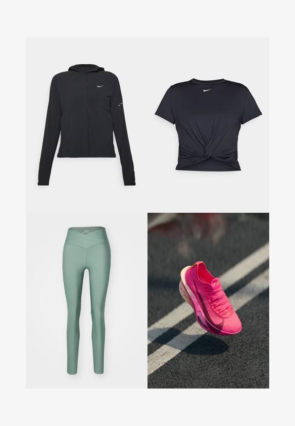 Melnā kapuci jaka ar garām piedurknēm, izgatavota no viegla materiāla. Tam ir priekšējais rāvējslēdzis, Nike logo un smalki dizaina akcenti.; Melna sporta t-kreklu ar gludu audumu, ar mezglošanas priekšpusi un mazu baltu Nike logotipu uz krūšu daļas.; Zaļas augsta vidukļa leggingas ar pārklājošu jostu, izgatavotas no elastīga materiāla, ar gludu tekstūru un pieguļošu piegriezumu.; Sporta apavi spilgti rozā adītas materiāla, ar teksturētu virsmu, sieta augšdaļu un baltu starpposmā. Iezīmēts ar sēkliņas logo tumši rozā krāsā.