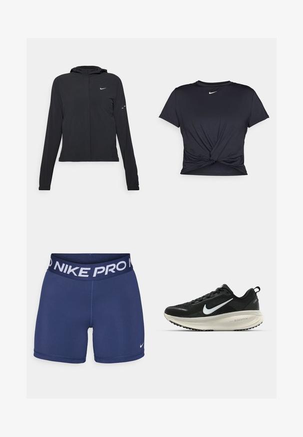 Must musta kapuutsiga jakk, millel on pikad varrukad ja mis on valmistatud kergetest materjalidest. Omab esitaskut, Nike logo ja kergelt silmatorkavaid disainiaktsente.; Mustmust musta sportlik T-särk, mis on valmistatud sujuvast kangast, millel on sõlmega esikülg ja väike valge Nike logo rinnal.; Tumed sinise värvi Nike Pro lühikesed püksid, millel on lai vöökoht, millel on valge "NIKE PRO" tekst ja väike valge logo alumises paremas nurgas. Sile kangatekstuur.; Musthave mustus Nike jooksujalats, millel on hingav võrgust ülemine osa, valge swoosh logo, tekstuuriga detailid ja kreemja värvusega ZoomX vahevöö.