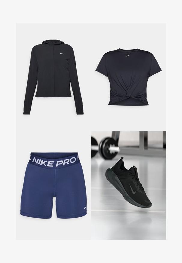 Must musta kapuutsiga jakk, millel on pikad varrukad ja mis on valmistatud kergetest materjalidest. Omab esitaskut, Nike logo ja kergelt silmatorkavaid disainiaktsente.; Mustmust musta sportlik T-särk, mis on valmistatud sujuvast kangast, millel on sõlmega esikülg ja väike valge Nike logo rinnal.; Tumed sinise värvi Nike Pro lühikesed püksid, millel on lai vöökoht, millel on valge "NIKE PRO" tekst ja väike valge logo alumises paremas nurgas. Sile kangatekstuur.; Mustad mustang spordijalatsid Nike logo'ga, õhus spordisaali põrandal, häguste hantlite riiulitega taustal.
