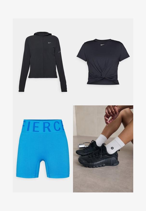 Casaco preto com capuz e mangas longas, feito de material leve. Apresenta um fecho dourado na frente, um logótipo da Nike e detalhes de design subtis.; T-shirt atlético preto feito de tecido liso, apresentando um design frontal com nó e um pequeno logótipo branco da Nike no peito.; Bermudas atléticas azuis feitas de tecido elástico, com uma cinta larga onde está a palavra "Fierce" em azul escuro. Superfície lisa e design ajustado.; Sapatilhas atléticas pretas com tecido texturizado, design com atacadores e uma sola proeminente, emparelhadas com meias brancas com nervuras e um pequeno logótipo.